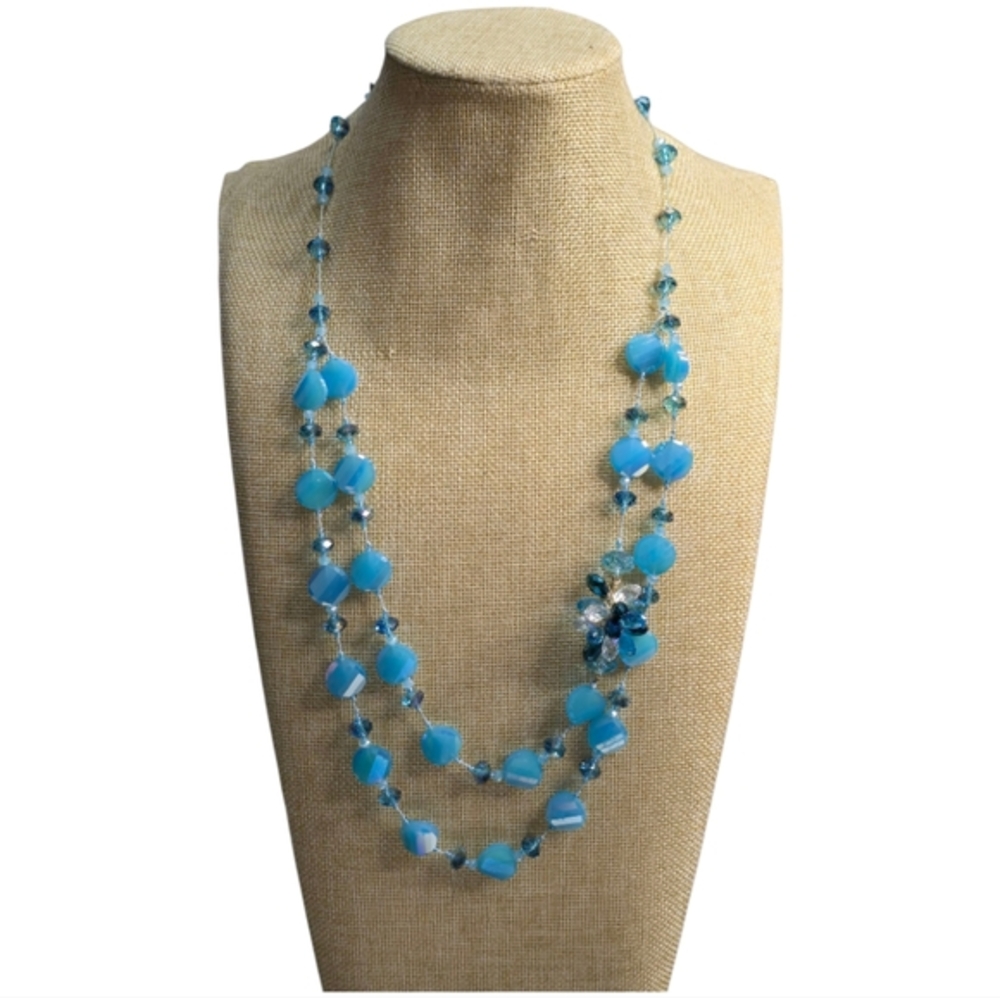 Treska Blue Faceted Glass Bead Layered Statement Necklace Floral Charm 24in